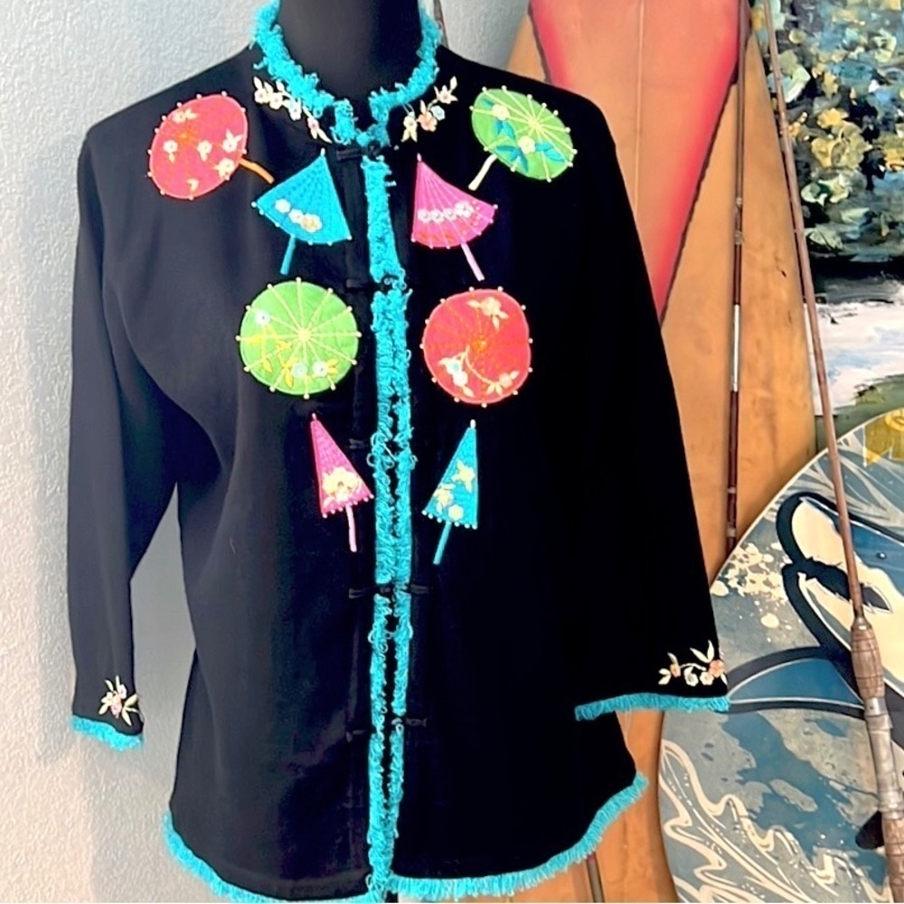 Inspired by Deleroy,Parasol Appliqué Embroidered Cardigan Whimsical Art,Size XL - Picture 9 of 13